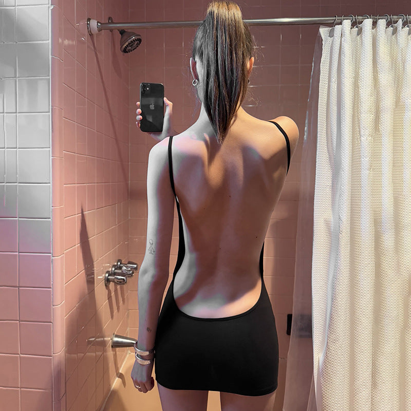 Women's Strapless Backless Hip-Hugging Mini Dress in Black, back view