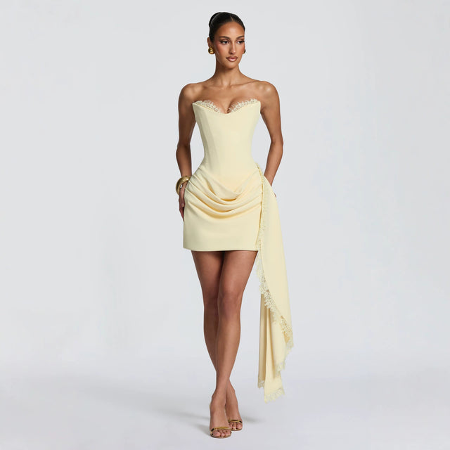 Women's Strapless Lace-Look Mini Party Dress in Yellow, front view
