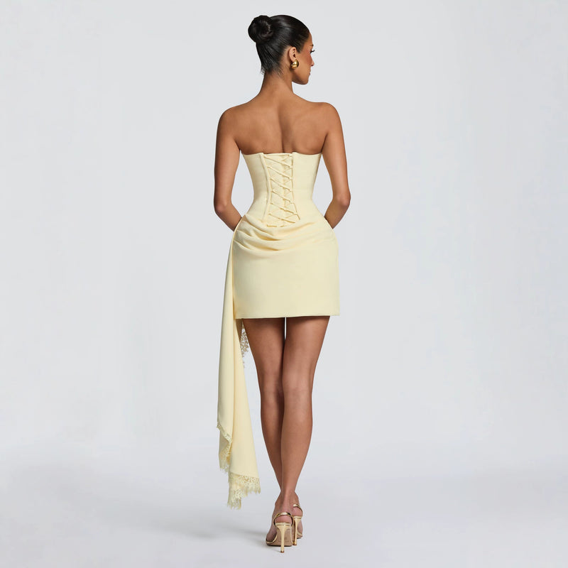 Women's Strapless Lace-Look Mini Party Dress in Yellow, back view