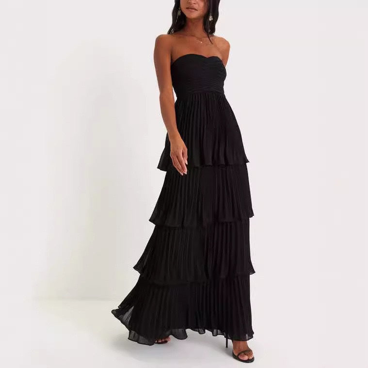 Women's Strapless Pleated Tiered Maxi Evening Dress in Black, front view