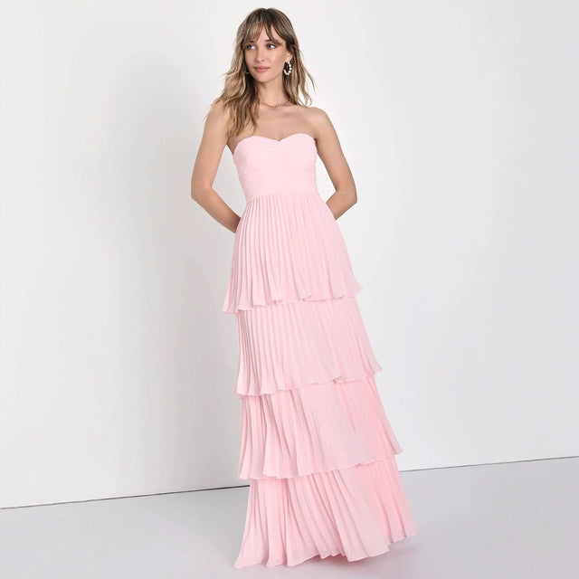 Women's Strapless Pleated Tiered Maxi Evening Dress in Pink, front view