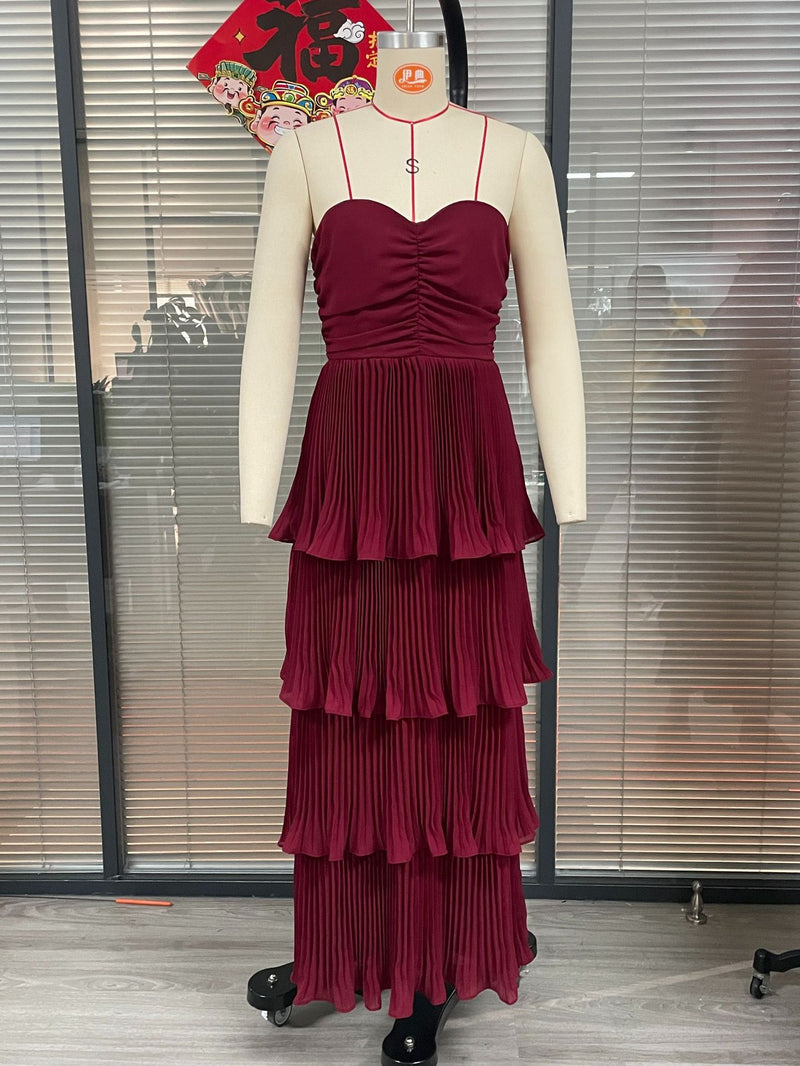 Women's Strapless Pleated Tiered Maxi Evening Dress in Red, front view