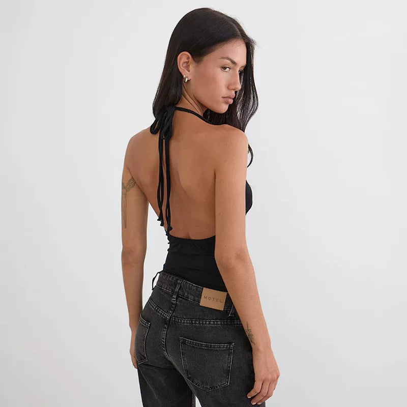 Women's Studded Halter Neck Backless Crop Top in Black, back view