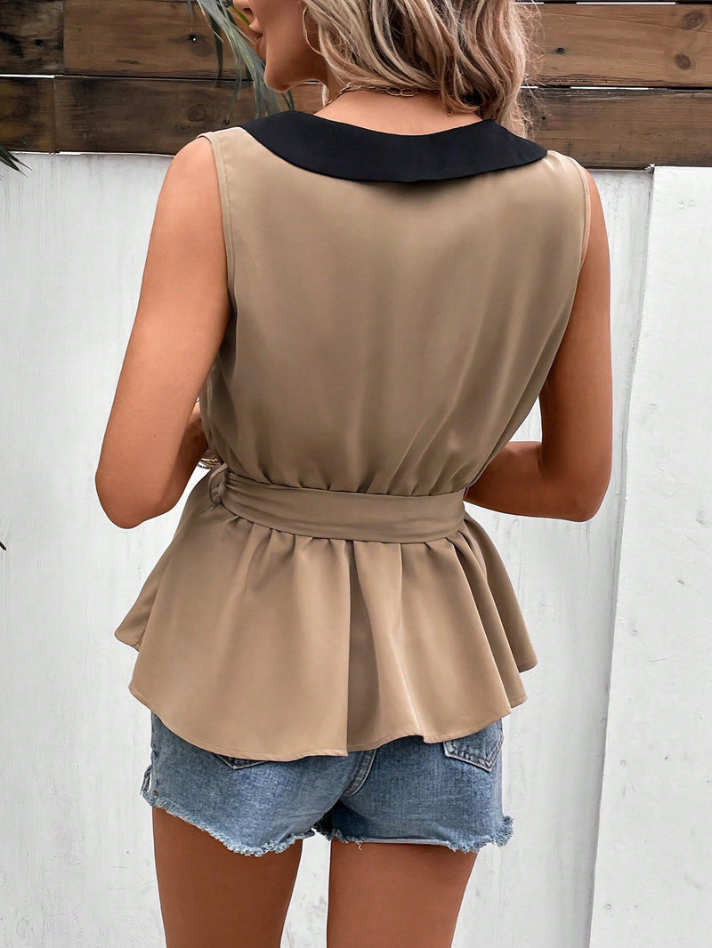 Women's Tie Waist Ruffle Hem V-Neck Sleeveless Top in Khaki, back view