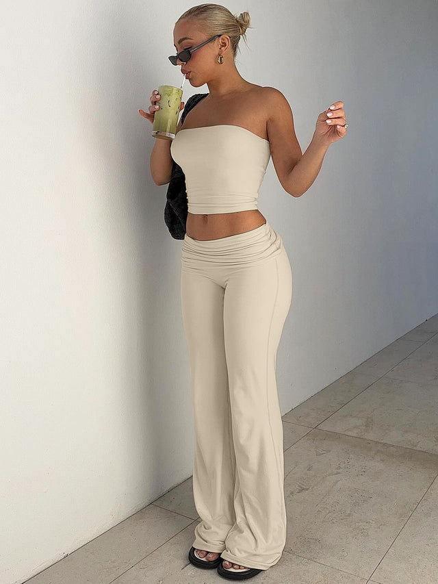 Women's Tube Top Wide Leg Pants Two Piece Set in Apricot, side view