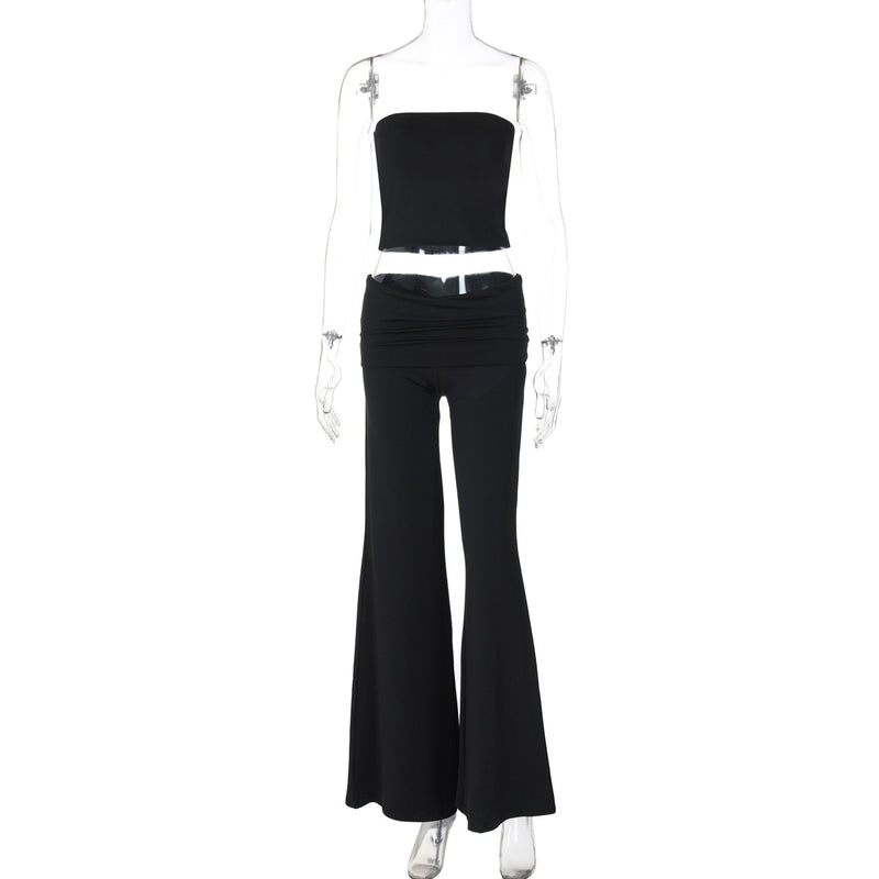 Women's Tube Top Wide Leg Pants Two Piece Set in Black, front view