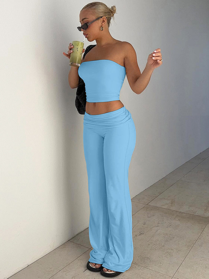 Women's Tube Top Wide Leg Pants Two Piece Set in Blue, front view