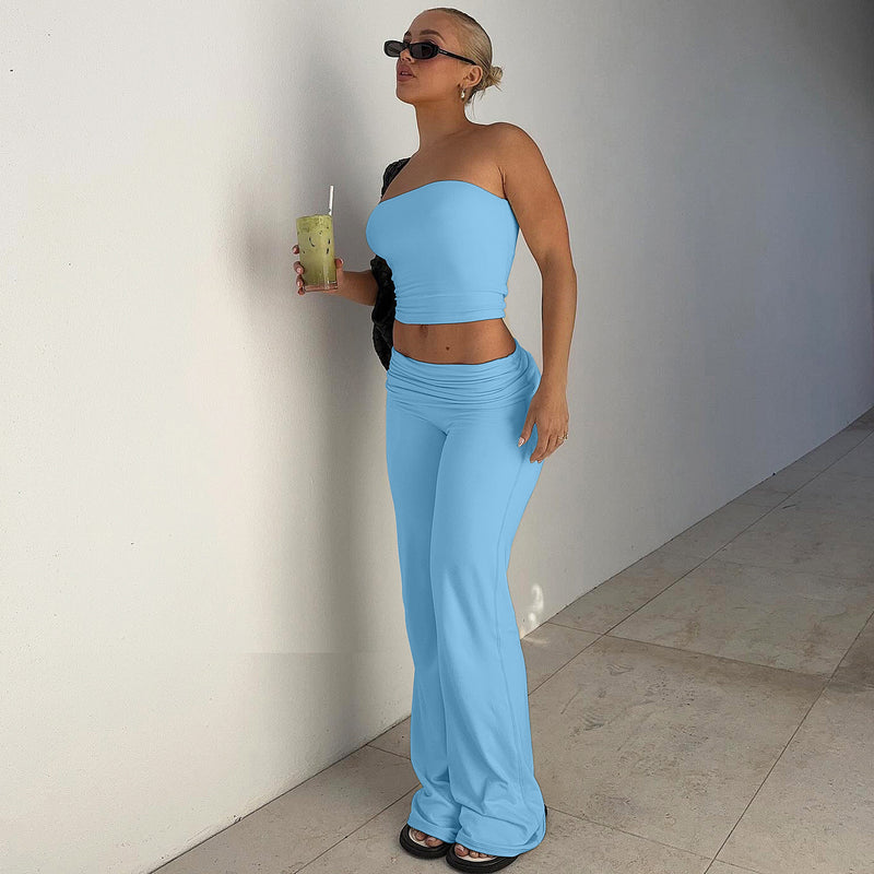 Women's Tube Top Wide Leg Pants Two Piece Set in Blue, side view