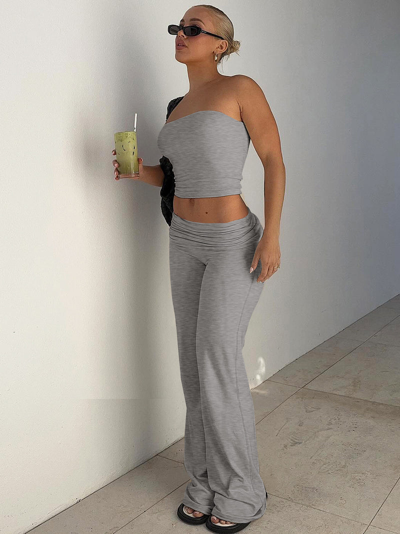 Women's Tube Top Wide Leg Pants Two Piece Set in Grey, front view