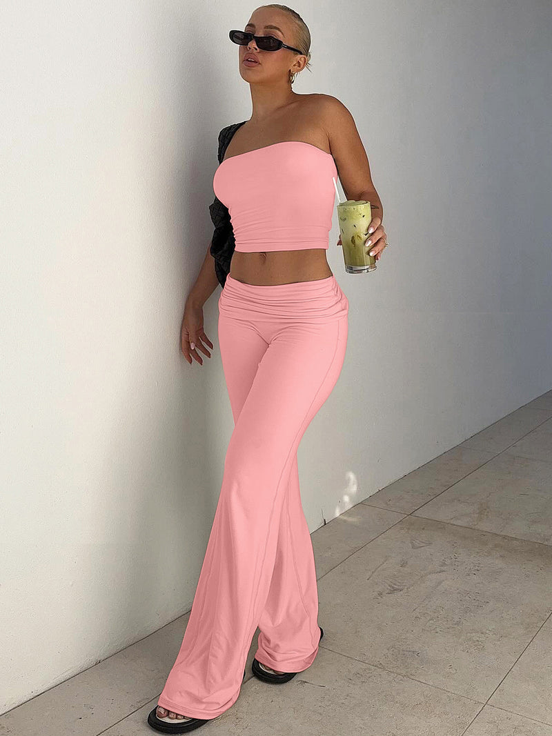 Women's Tube Top Wide Leg Pants Two Piece Set in Pink, front view
