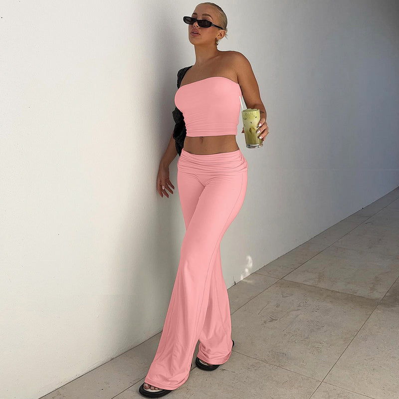 Women's Tube Top Wide Leg Pants Two Piece Set in Pink, side view