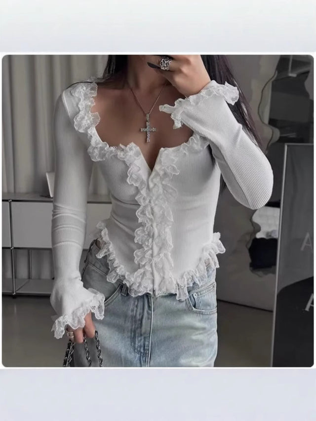 Women's U-Neck Lace Trim Bell Sleeve Knit Top in White, front view