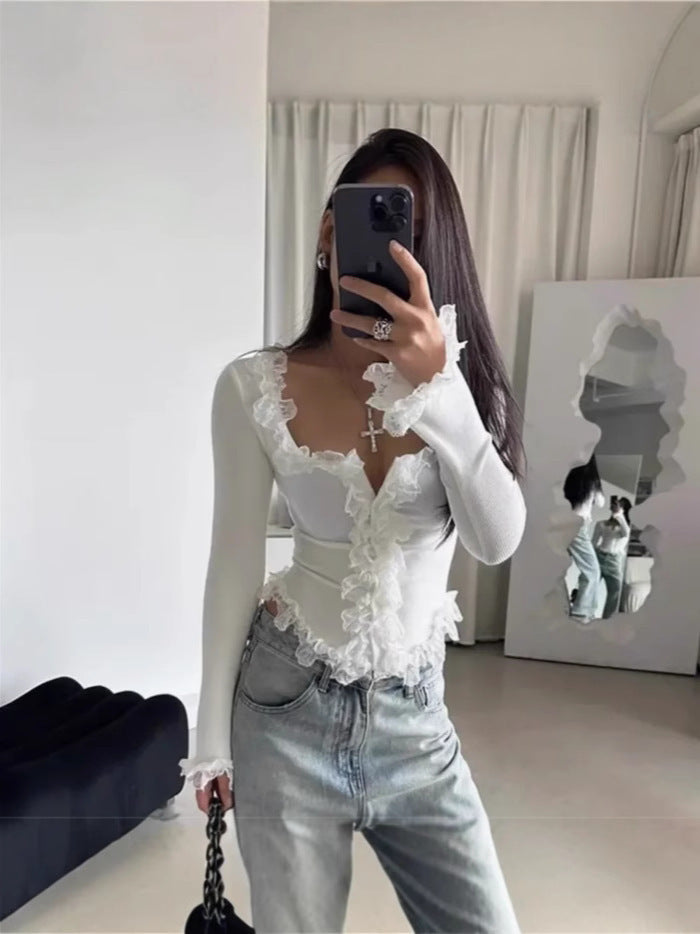 Women's U-Neck Lace Trim Bell Sleeve Knit Top in White, front view