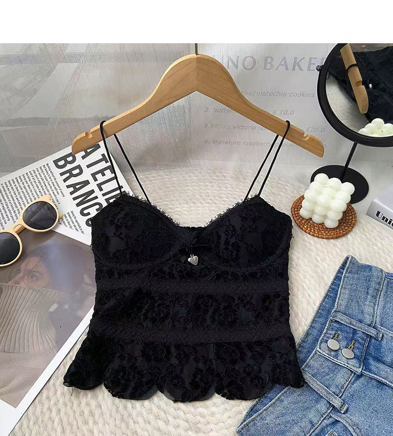 Women's V-Neck Bow Padded Lace-Look Cami in Black, front view