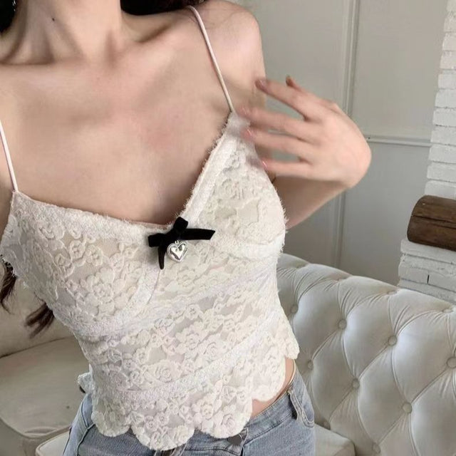 Women's V-Neck Bow Padded Lace-Look Cami in White, front view