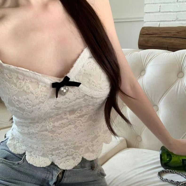Women's V-Neck Bow Padded Lace-Look Cami in White, front view
