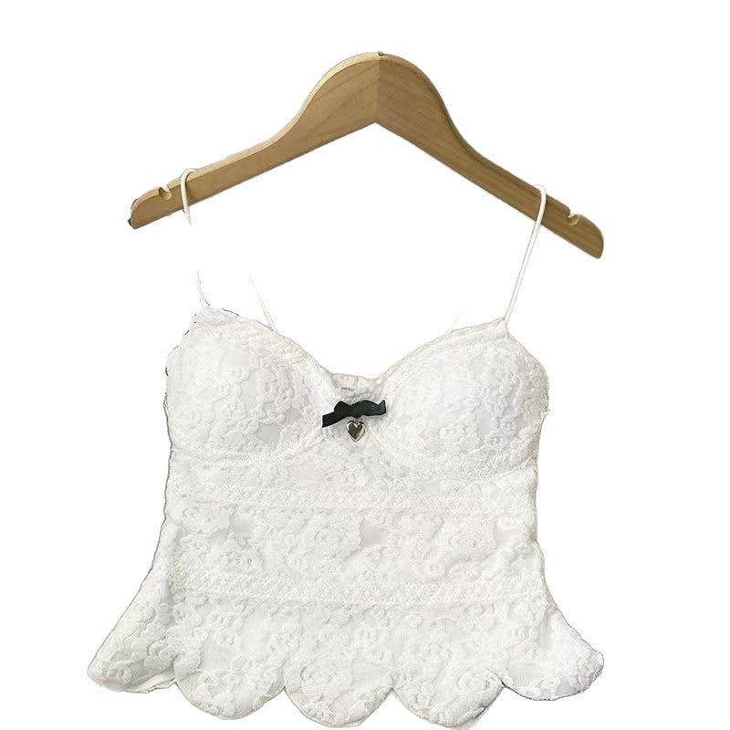 Women's V-Neck Bow Padded Lace-Look Cami in White, front view