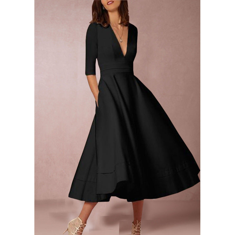 Women's V-Neck High-Waist Long Knit Dress in Black, front view