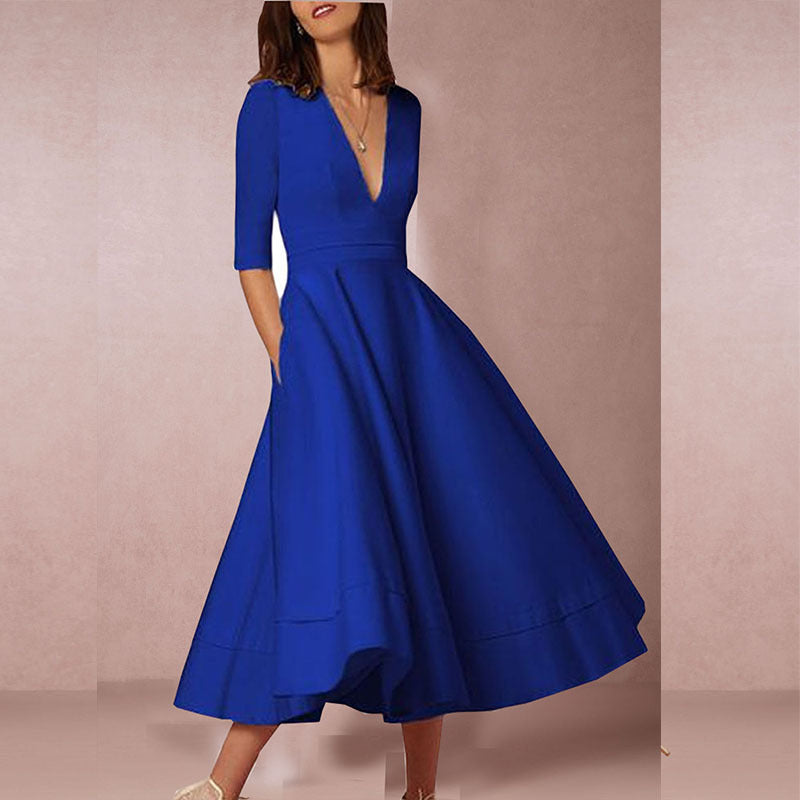 Women's V-Neck High-Waist Long Knit Dress in Blue, front view