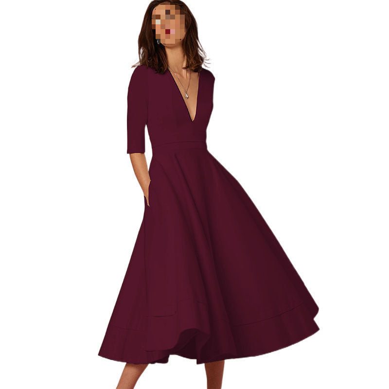 Women's V-Neck High-Waist Long Knit Dress in Burgundy, front view