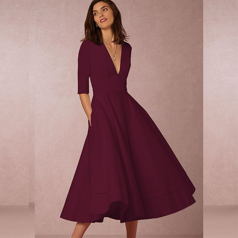 Women's V-Neck High-Waist Long Knit Dress in Burgundy, front view
