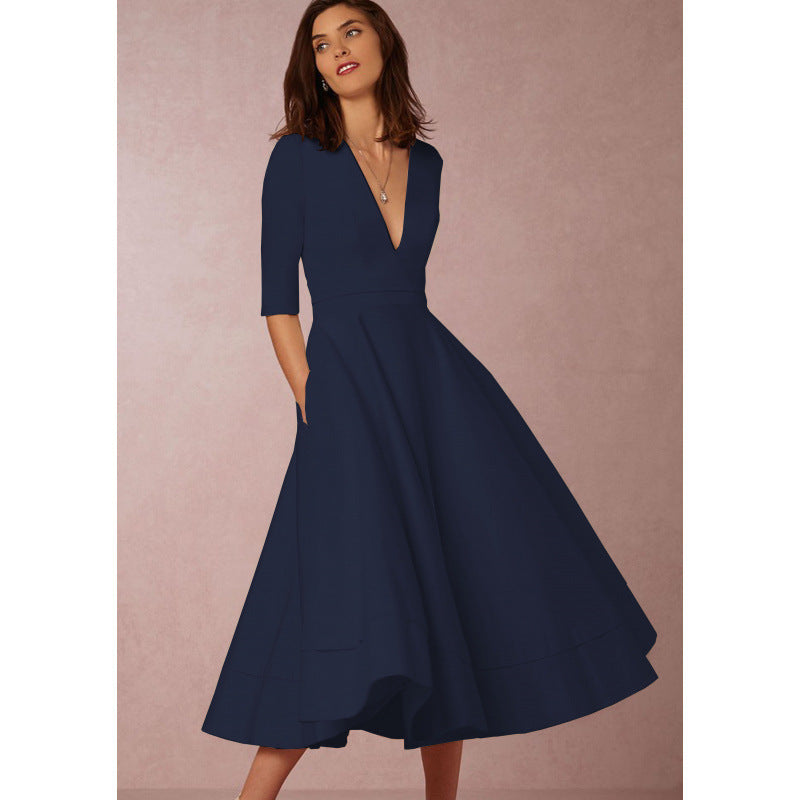 Women's V-Neck High-Waist Long Knit Dress in Navy Blue, front view