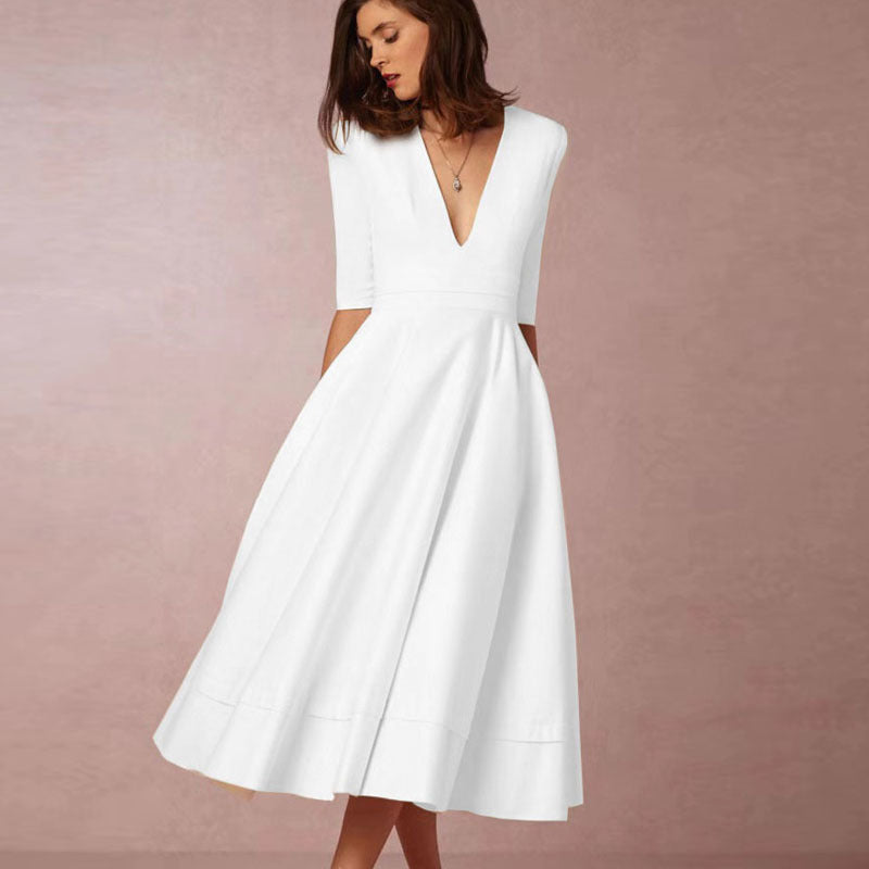 Women's V-Neck High-Waist Long Knit Dress in Off-White, front view