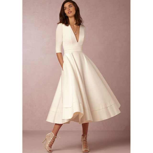 Women's V-Neck High-Waist Long Knit Dress in Off-White, front view