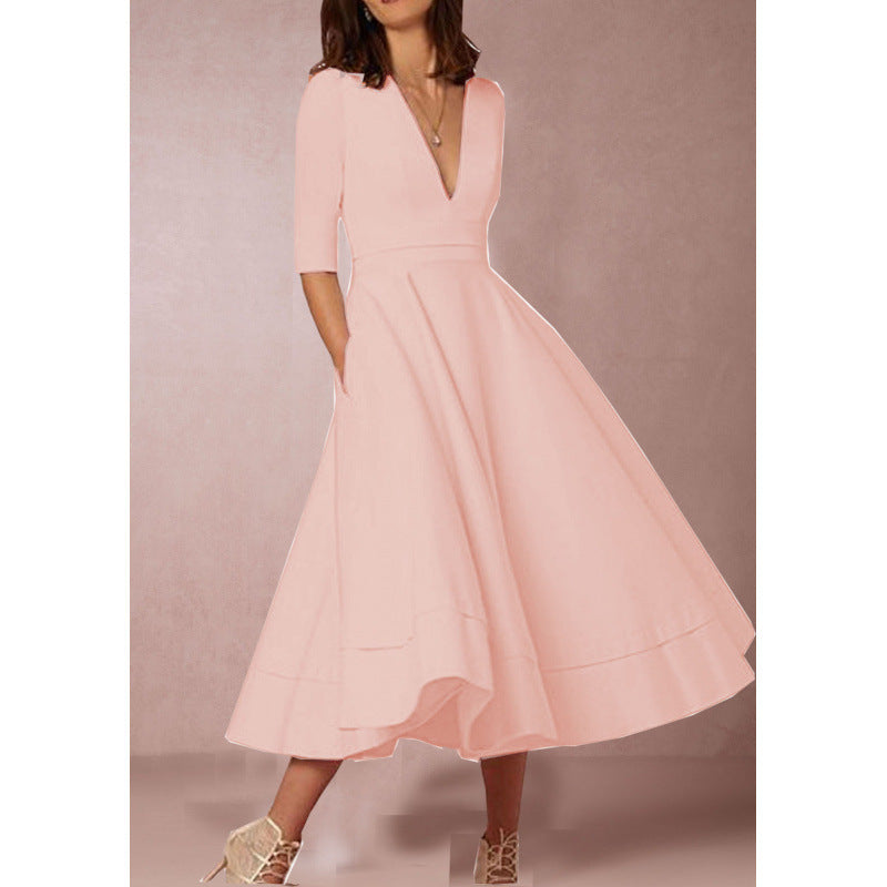 Women's V-Neck High-Waist Long Knit Dress in Pink, front view