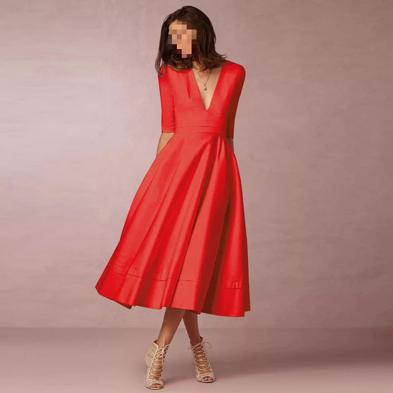 Women's V-Neck High-Waist Long Knit Dress in Red, front view