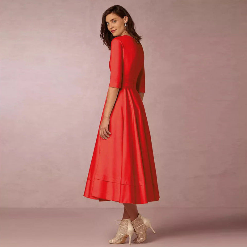 Women's V-Neck High-Waist Long Knit Dress in Red, back view