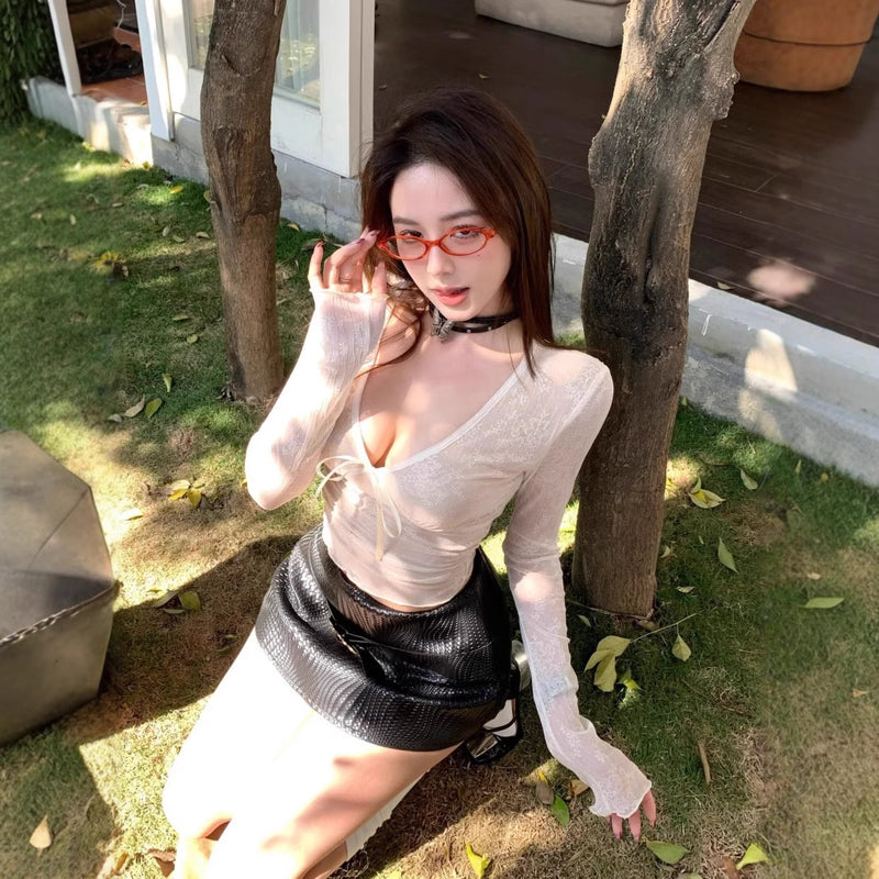 Women's V-Neck Lace-Look Long Sleeve Slim Fit Top in White, front view