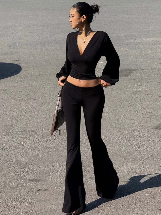 Women's V-Neck Lantern Sleeve Backless Flare Pants Set in Black, front view
