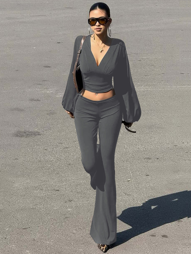 Women's V-Neck Lantern Sleeve Backless Flare Pants Set in Grey, front view