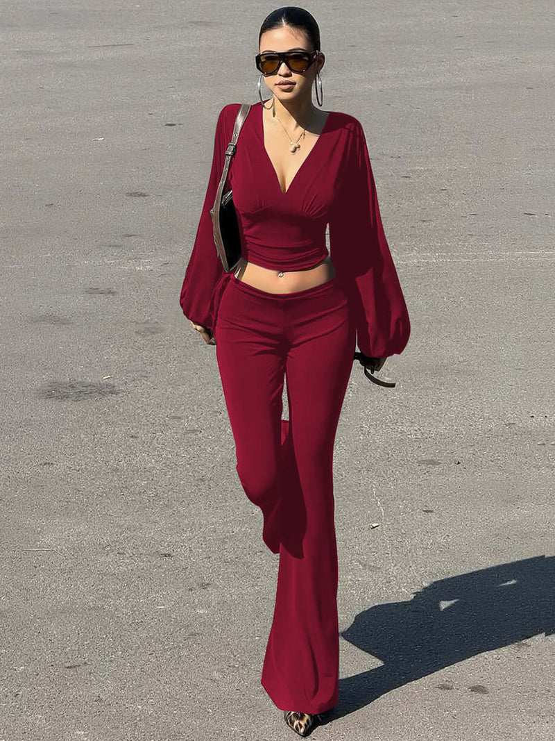 Women's V-Neck Lantern Sleeve Backless Flare Pants Set in Red, front view