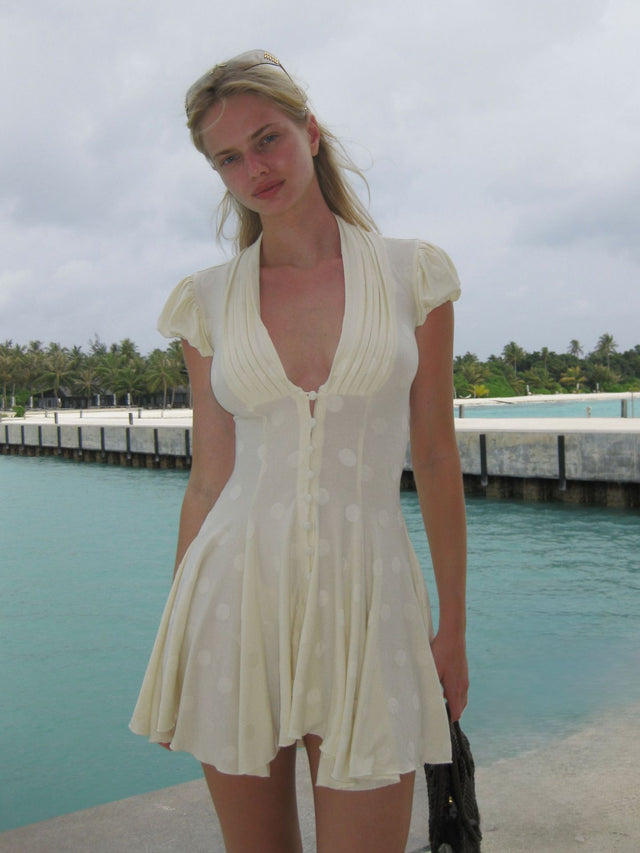 Women's V-Neck Puff Sleeve Ruffle Hem Short Dress in Cream, front view