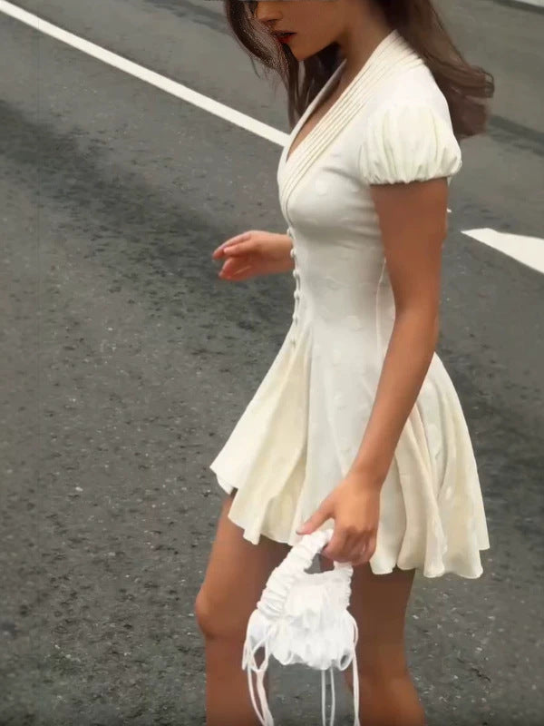 Women's V-Neck Puff Sleeve Ruffle Hem Short Dress in Cream, side view