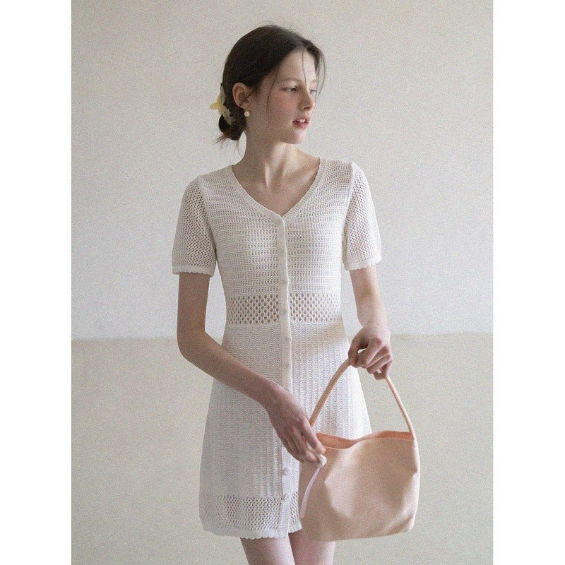 Women's V-Neck Short Sleeve Mini Knit Dress in Milky White, front view