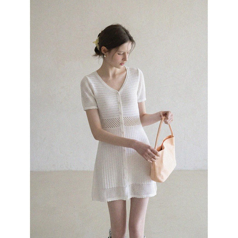 Women's V-Neck Short Sleeve Mini Knit Dress in Milky White, front view