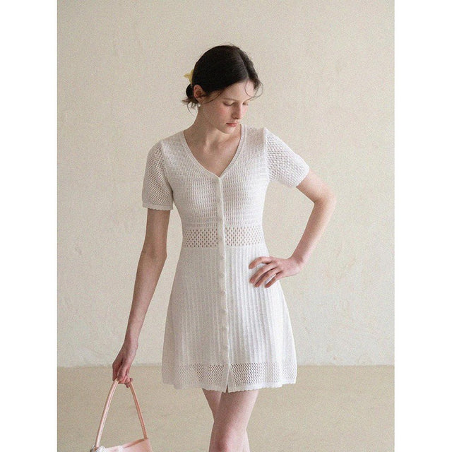 Women's V-Neck Short Sleeve Mini Knit Dress in Milky White, front view