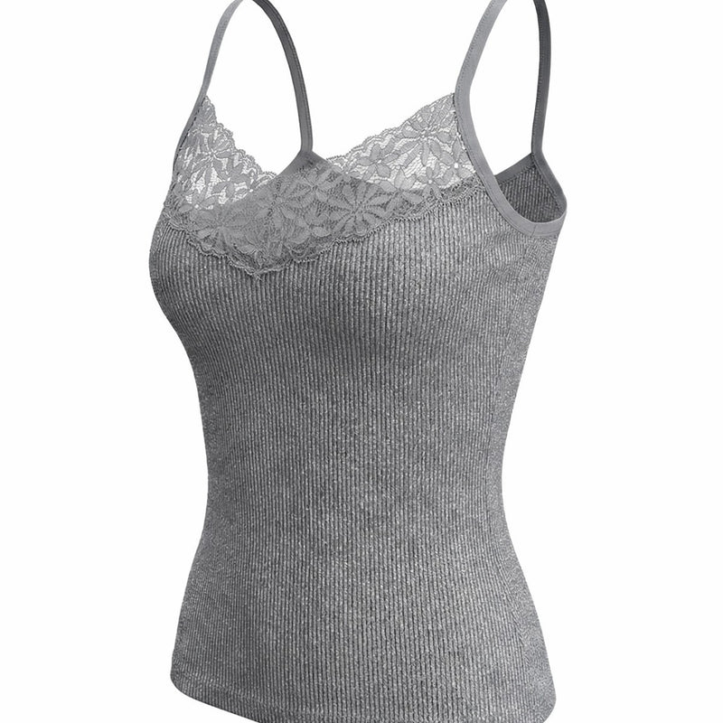 Women's V-Neck Thin Strap Fitted Lace-Look Camisole Top in Grey, front view
