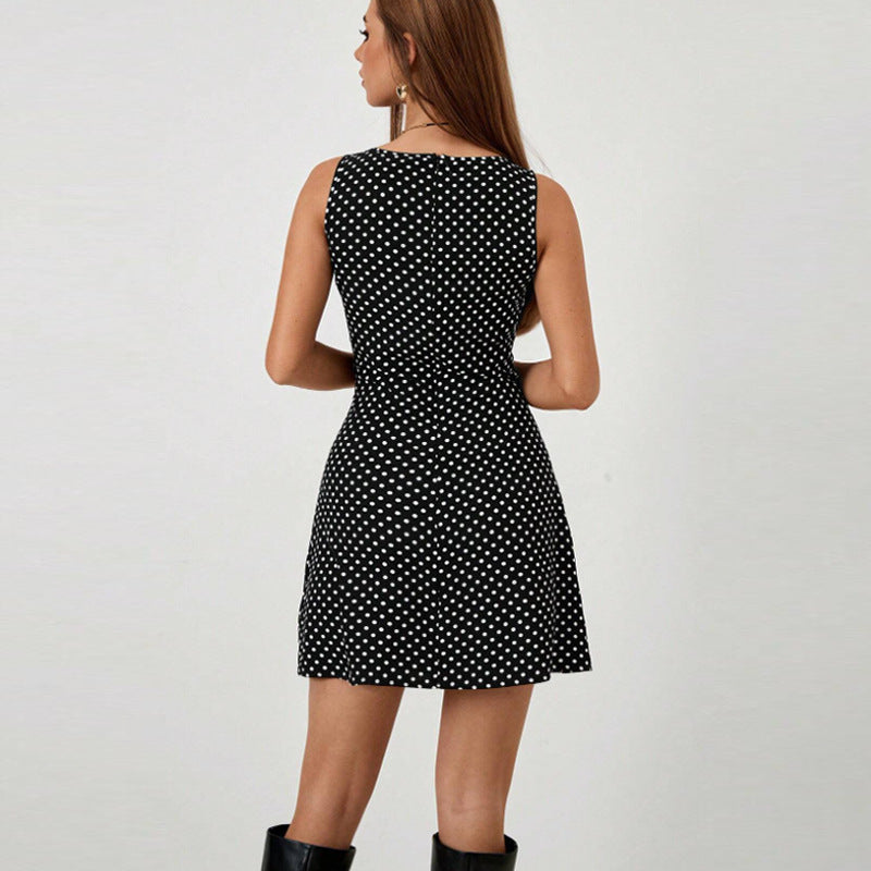 Women's V-Neck Tie Waist Polka Dot Short Dress in Black Polka Dot, back view