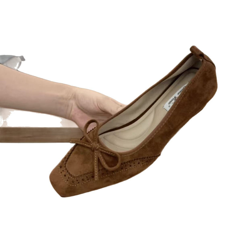 Women's Velvet-Look Bow Slip-On Mary Jane Shoes in Brown, side view