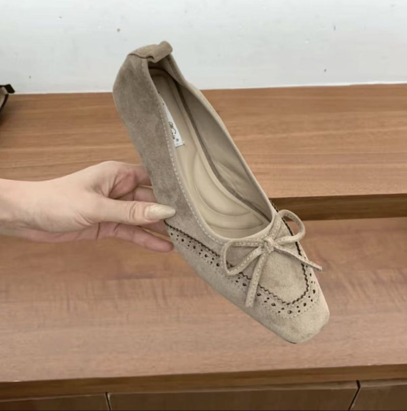 Women's Velvet-Look Bow Slip-On Mary Jane Shoes in Taupe, side view