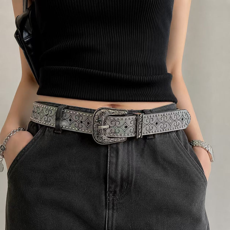 Women's Vintage Carved Studded Western Belt in Vintage Silver Gray, front view