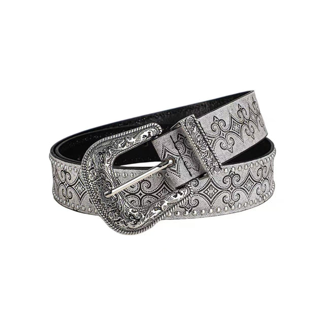 Women's Vintage Carved Studded Western Belt in Vintage Silver Gray, front view