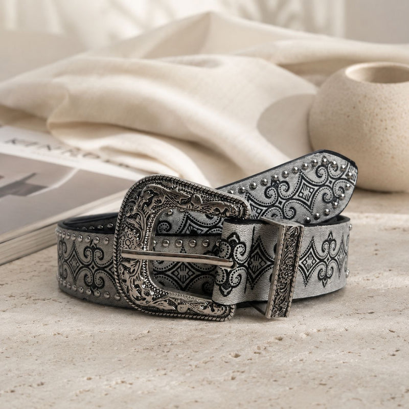 Women's Vintage Carved Studded Western Belt in Vintage Silver Gray, front view