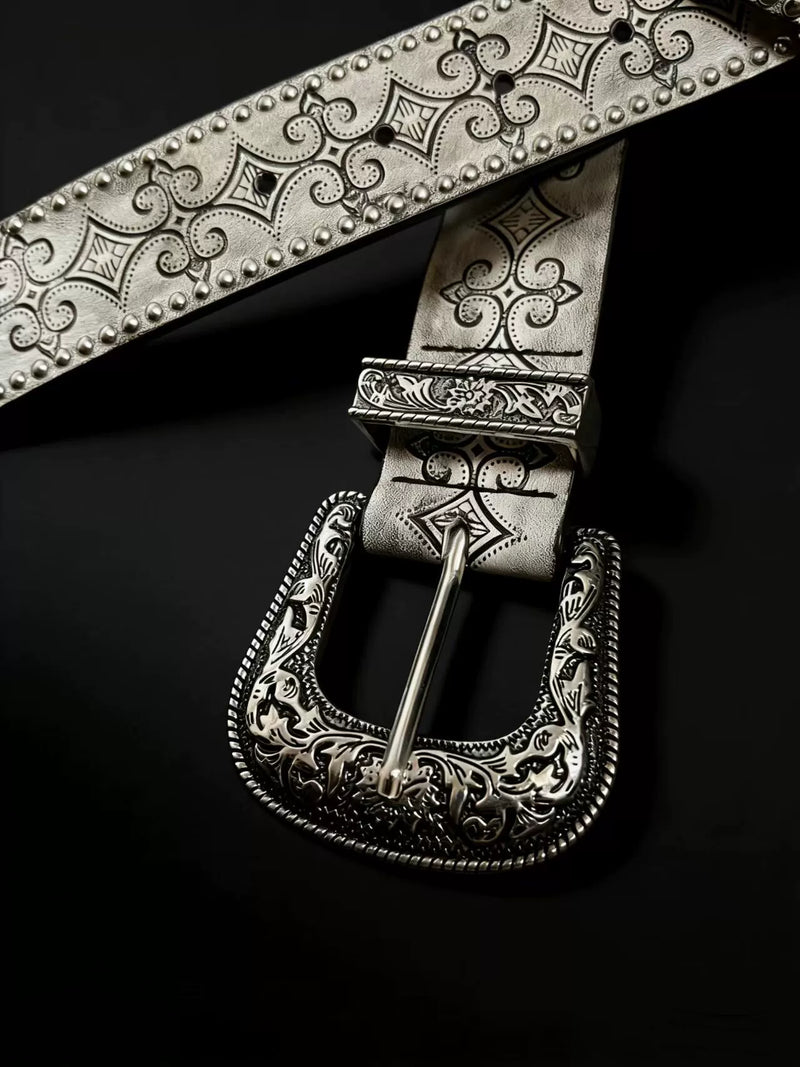 Women's Vintage Carved Studded Western Belt in Vintage Silver Gray, detail