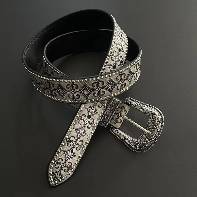 Women's Vintage Carved Studded Western Belt in Vintage Silver Gray, front view