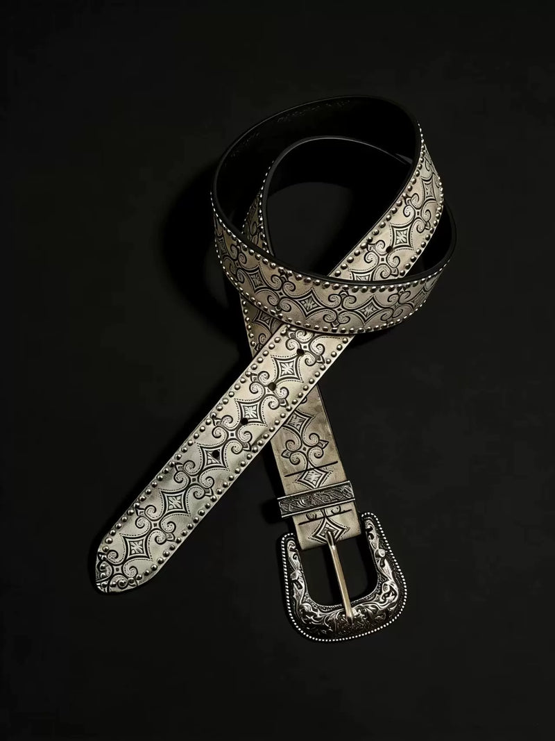 Women's Vintage Carved Studded Western Belt in Vintage Silver Gray, front view